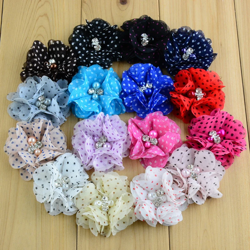 2" 16colors Newborn Dot Chiffon Flower+Rhinestones Pearls For Kids Girls Hair Accessories Fabric Flowers For Headbands