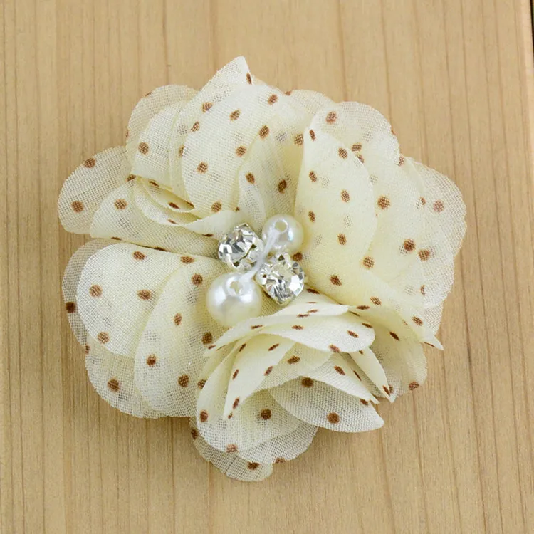 2" 16colors Newborn Dot Chiffon Flower+Rhinestones Pearls For Kids Girls Hair Accessories Fabric Flowers For Headbands - Image 5