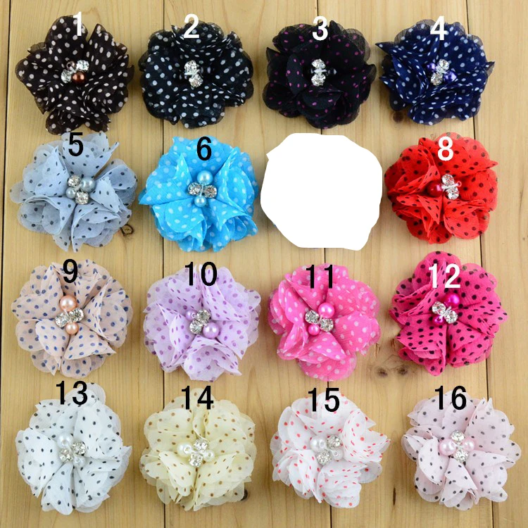 2" 16colors Newborn Dot Chiffon Flower+Rhinestones Pearls For Kids Girls Hair Accessories Fabric Flowers For Headbands - Image 2