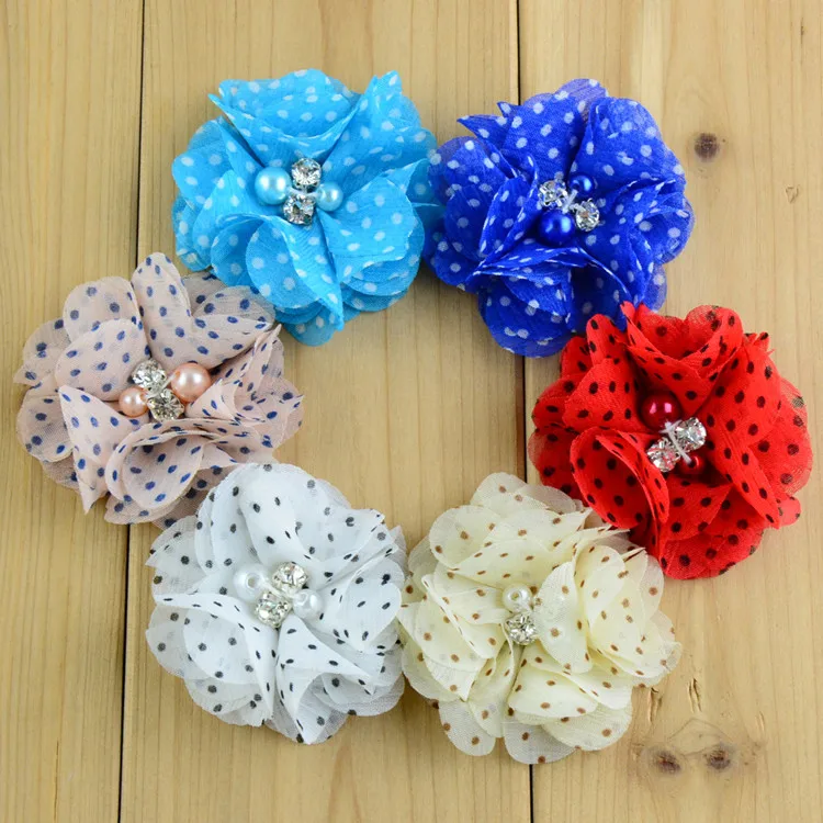 2" 16colors Newborn Dot Chiffon Flower+Rhinestones Pearls For Kids Girls Hair Accessories Fabric Flowers For Headbands - Image 6